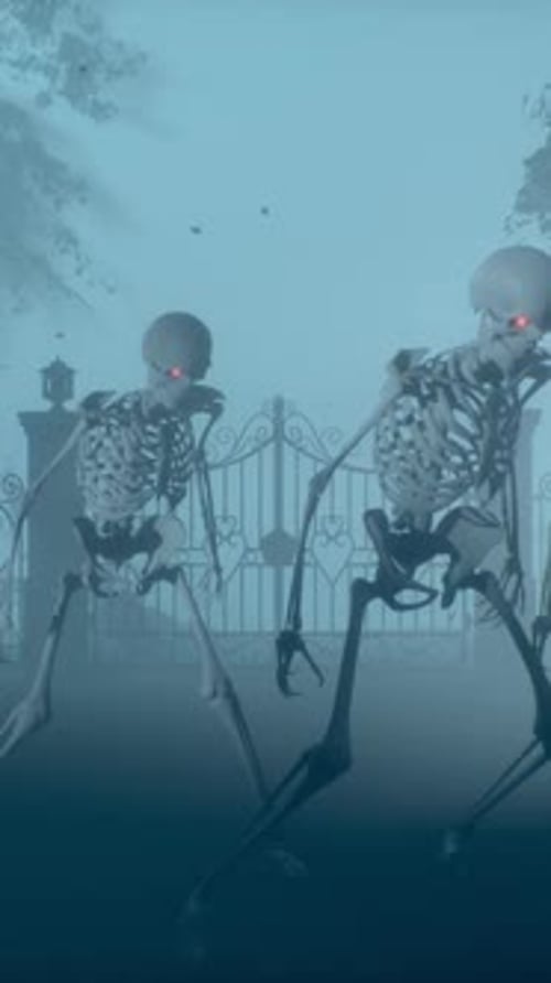 Dancing skeletons in the cemetery at night. Skeletons with red burning eyes in a graveyard in the fo