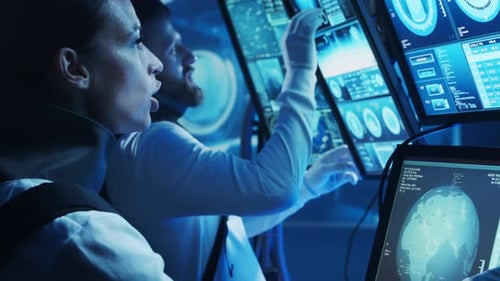 Team of Astronauts in a Space Suits Aboard the Orbital Station A Crew of Cosmonauts Piloting the