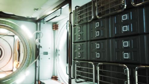 Intérieur moderne d'une station spatiale avec installations de stockage en orbite