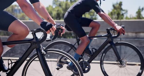 Sports, cycling and people on bicycle in city for fitness, training and exercise together