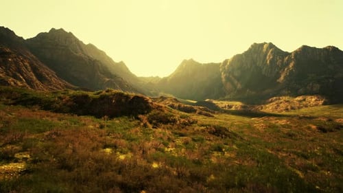 Foggy Evening on a Mountain Plateau Between Rocky Peaks Mountain Sunset