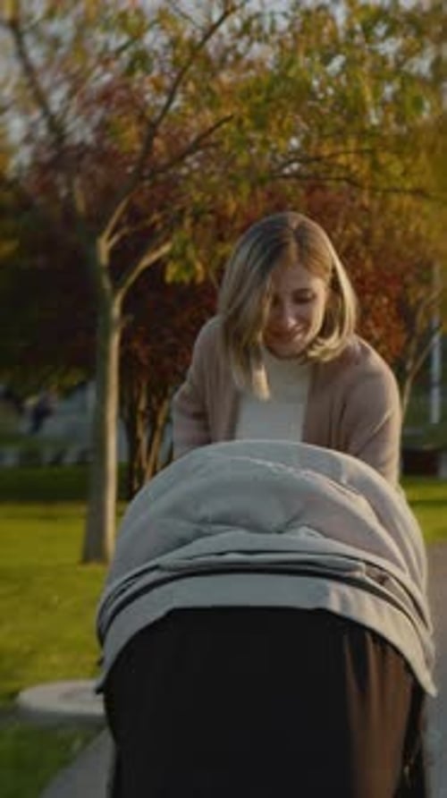 Vertical video Mother enjoying an evening stroll with baby stroller in park