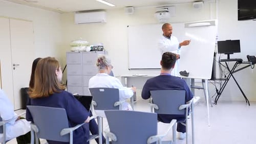 Instructor Giving Presentation to Class in Workplace Classroom
