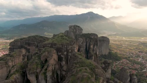 The Ancient City Of Meteora In Greece, A Historic Landmark And Holy Place. Aerial Reverse Shot