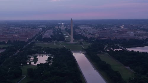 Washington monument reflecting pool aerial view at sunrise Washington d c circa 2017
