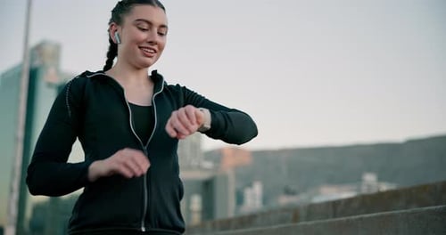 Check, smartwatch and woman outdoor for fitness in city with time, results and measure workout