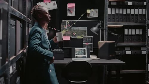 Woman Drinking Coffee in Dark Detective Office