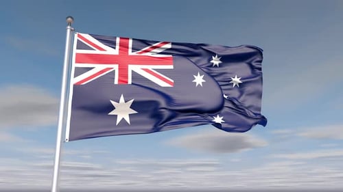 Realistic Australian Flag Waving on Flagpole with Blue Sky