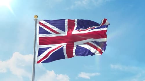 Realistic 3D Union Jack Flag Waving in Blue Sky
