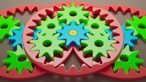 Looping 3D animation multi-colored plastic toy gears.