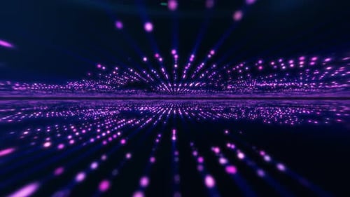 Abstract purple lines and digital particles tunnel with bokeh effect