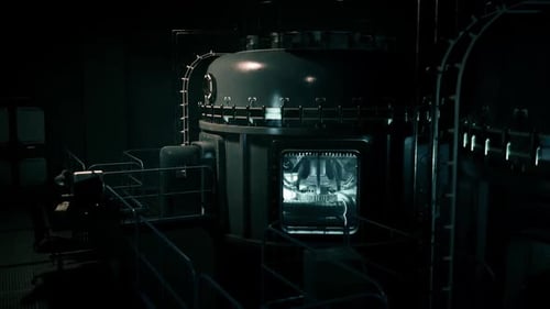 A Dark Scifi Laboratory Featuring Glowing Equipment and Complex Machinery