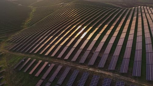 Golden Hour Over Rows of Solar Panels on Hills
