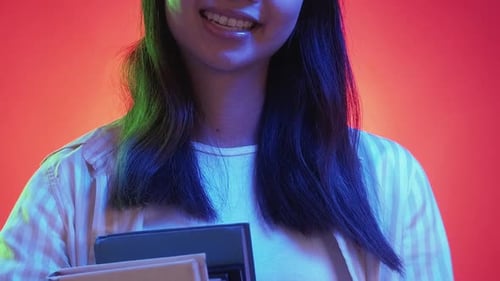 Cheerful Student Hipster Book Woman Pile Textbook