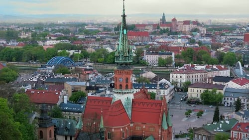 Aerial Panorama of Podgorze District in Krakow with View of Royal Wawel Castle
