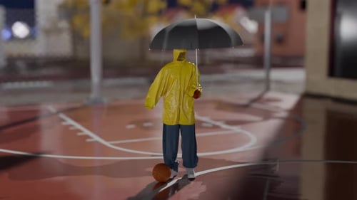 Looping 3D Animation of Person in Rain on Basketball Court