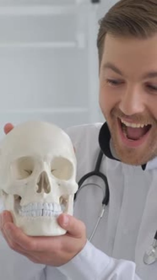 A Doctor Holds a Model of an Anatomical Human Skull in His Office Vertical Video