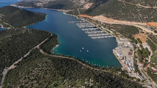 Aerial View of a Marina and Yacht Harbor in a Bay Kas Turkey