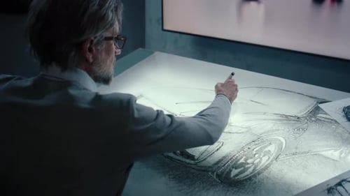 Un designer automobile dessine un prototype de voiture avec affichage numérique, table à écran tactile