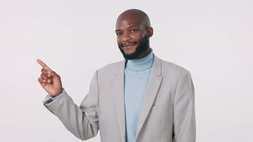 Advertising, thumbs up and professional black man point at opportunity, business announcement