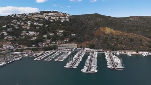 Caminhões cheios de barcos se estendem pela marina, ao lado da costa curva e da floresta.