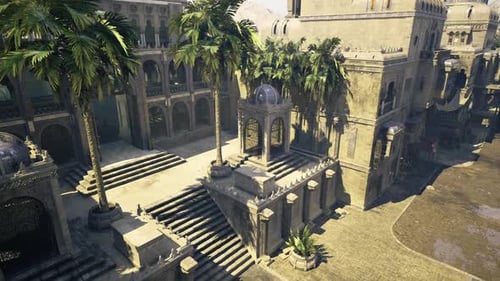 Historic Palace Archway Surrounded By Palms and Textured Stone Details