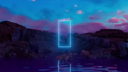Neon glowing rectangular portal floating above water by rocky coast at sunset