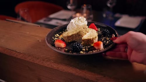Delicious Cake with Strawberries and Blackberries on Plate