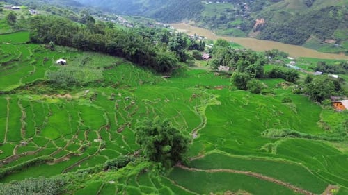 Drone footage of rice terraces and village in Sapa, Lao Cai Province Vietnam