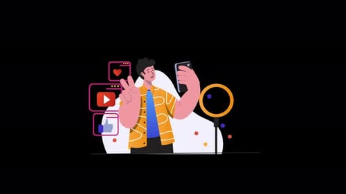 Animated Flat Design Illustration of Person Taking Selfie for Social Media