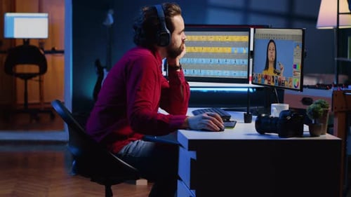 Man Working at Computer with Dual Monitors at Night