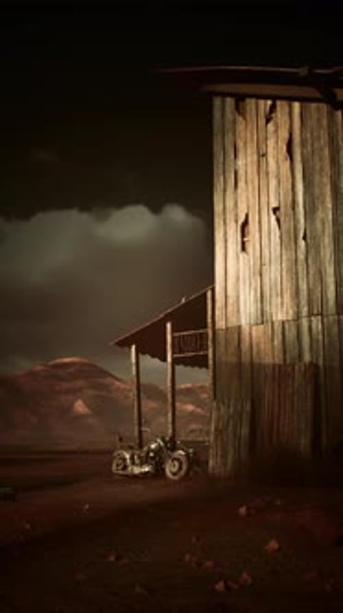 Motorcycle Parked in Front of Wooden Building