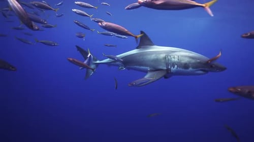 Shark Swimming with School of Fish Underwater