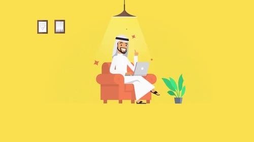 Heureuse personne arabe/musulmane assise sur une chaise confortable avec de petites étoiles tournant autour de lui.