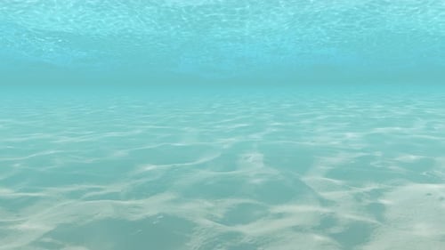 Clear Blue Ocean Underwater View with Sandy Bottom and Sunlight Ripples