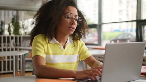 Exhausted Overload African American Woman Girl Student Take Off Glasses Feeling Pain Discomfort