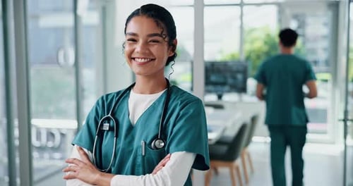 Face, confident nurse and happy woman in hospital for wellness service, medicine or healthcare