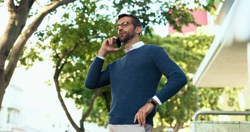 Business man, phone call and watch in street with discussion, schedule or contact for meeting