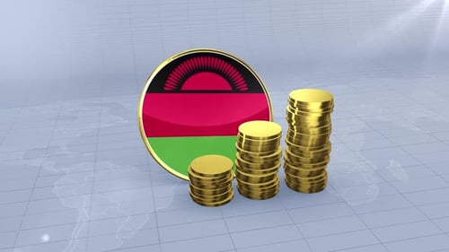 Malawi Flag With Plain Gold Coins Tower