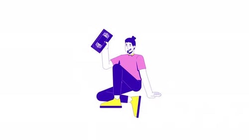 Hombre barbudo sentado casualmente, sosteniendo una cinta VHS de animación de personajes en 2D