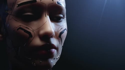 Futuristisches Android-Gesicht, das in Richtung Licht schaut