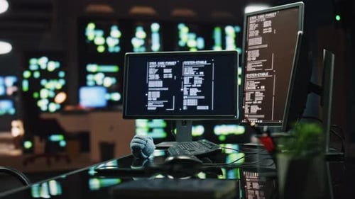 Two Monitors Data Software Workplace at Night Office Closeup No People Interior