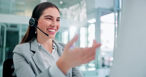 Woman, headset or smile in helpdesk, call centre or telemarketing as crm, communication or support