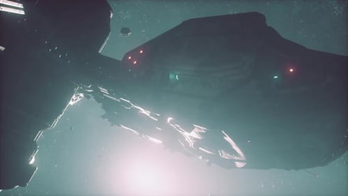 Futuristic Spaceship Flying Through Asteroid Field in Deep Space