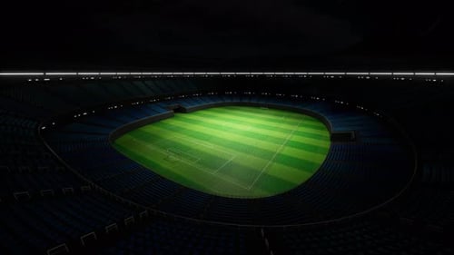 Drone Flies Over an Empty Night Football Stadium Panning