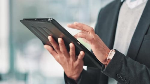 Hands, tablet and scroll with charts, report and statistics of company sales for data analysis