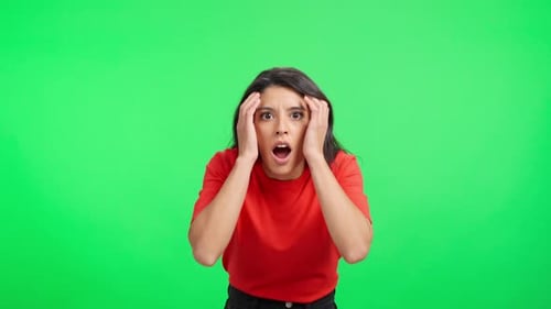 Surprised Woman Reacting in Shock on Green Screen