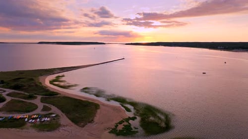 Aerial view of Wellfleet Harbor at sunset. Cape Cod, United States.
