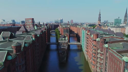 Aerial view of Speicherstadt and canals, hamburg, Germany.