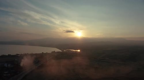 Lake and City Sunset Landscape Aerial